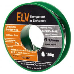 ELV No-Clean Lötzinn bleifrei Sn99Cu1+ML, 1,5 mm, 100 g