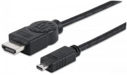 High Speed HDMI-Kabel mit Ethernet-Kanal MANHATTAN HEC, ARC, 3D, 4K@30Hz, HDMI-Stecker auf Micro-HDMI-Stecker, geschirmt, schwarz, Polybag, 2 m