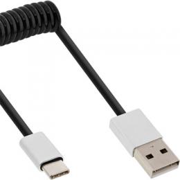 InLine USB 2.0 Spiralkabel, Typ C Stecker an A Stecker, schwarz/Alu, flexibel, 1m