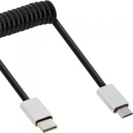 InLine USB 2.0 Spiralkabel, Typ C Stecker an Micro-B Stecker, schwarz/Alu, flexibel, 3m