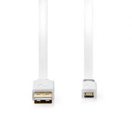 Nedis USB-Kabel | USB 2.0 | USB-A Stecker | USB Micro-B Stecker | 480 Mbps | Vergoldet | 1.00 m | flach | PVC | Weiss | Verpackung mit Sichtfenster