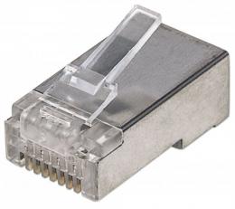 100er-Pack Cat5e RJ45-Modularstecker INTELLINET STP, 2-Punkt-Aderkontaktierung, fr Litzendraht, 100 Stecker pro Becher