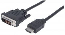 1080p@60Hz HDMI auf DVI-Adapterkabel MANHATTAN HDMI-Stecker auf DVI-D 24+1 Stecker, 2 m, Dual Link, doppelt geschirmt, schwarz