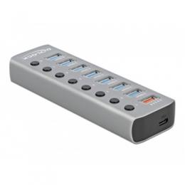 Delock USB 3.2 Gen 1 Hub mit 7 Ports + 1 Schnellladeport + 1 USB-C™ PD 3.0 Port mit Schalter und Beleuchtung