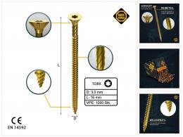 FORTE Tools Universal Holzschraube 3,0 x 16 mm T10 1000 Stk. ( 2x 000051399461 ) gelb verzinkt Torx Senkkopf Vollgewinde