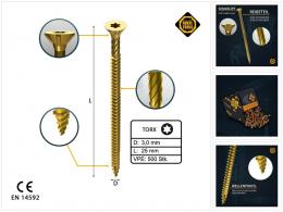 FORTE Tools Universal Holzschraube 3,0 x 25 mm T10 500 Stk. ( 000051399463 ) gelb verzinkt Torx Senkkopf Vollgewinde