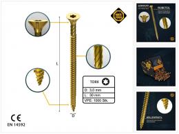 FORTE Tools Universal Holzschraube 3,0 x 30 mm T10 1000 Stk. ( 2x 000051399464 ) gelb verzinkt Torx Senkkopf Vollgewinde