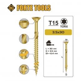 FORTE Tools Universal Holzschraube 3,5 x 30 mm T15 200 Stk. ( 000051399468 ) gelb verzinkt Torx Senkkopf Vollgewinde