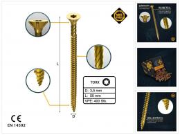 FORTE Tools Universal Holzschraube 3,5 x 50 mm T15 400 Stk. ( 2x 000051399471 ) gelb verzinkt Torx Senkkopf Vollgewinde
