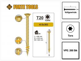 FORTE Tools Universal Holzschraube 4,5 x 30 mm T20 200 Stk. ( 000051399477 ) gelb verzinkt Torx Senkkopf Vollgewinde