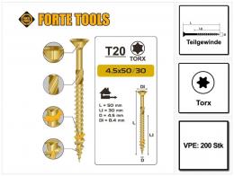 FORTE Tools Universal Holzschraube 4,5 x 50 mm T20 200 Stk. ( 000051399479 ) gelb verzinkt Torx Senkkopf Teilgewinde