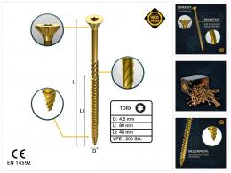 FORTE Tools Universal Holzschraube 4,5 x 80 mm T20 200 Stk. ( 000051399482 ) gelb verzinkt Torx Senkkopf Teilgewinde
