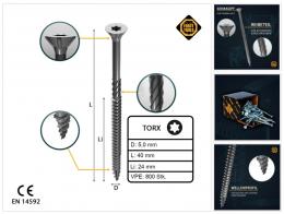 FORTE Tools Universal Holzschraube 5,0 x 40 mm T25 800 Stk. ( 4x 000040113880 ) silber verzinkt Torx Senkkopf Teilgewinde