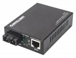 Gigabit PoE+ Medienkonverter INTELLINET 1000Base-T RJ45-Port auf 1000Base-LX (SC) Singlemode, 20 km, PoE+ Injektor