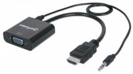 HDMI auf VGA Konverter MANHATTAN HDMI-Stecker auf VGA-Buchse, mit Audio, optionaler USB Micro-B-Stromport, schwarz, Retail-Verpackung