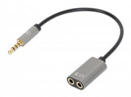 Headset-Adapterkabel mit Aux Y-Audiosplitter MANHATTAN 3,5 mm Klinkenstecker auf 2 x 3,5 mm Klinkenbuchse, 20 cm, verteilt einzelne 3,5 mm-Buchse auf Mikrofoneingang und Audioausgang, CTIA, vergoldete