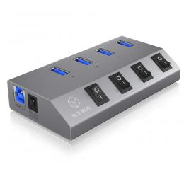 ICY BOX aktiver 4-Port-USB-3.0-Hub IB-HUB1405, An-/Ausschalter für jeden Port, bis zu 5 Gbit/s