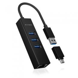 ICY BOX USB 3.2 Gen 1 Type-A+C zu 3x USB 3.2 Gen 1 & 1x Gigabit LAN, Aluminium, schwarz
