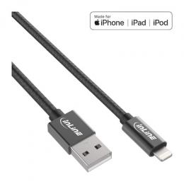 InLine Lightning USB Kabel, schwarz/Alu, 1m MFi-zertifiziert