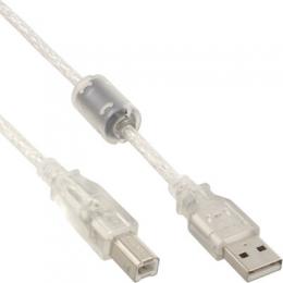 InLine USB 2.0 Kabel, A an B, transparent, mit Ferritkern, 1m