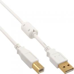 InLine USB 2.0 Kabel, A an B, wei / gold, mit Ferritkern, 0,5m