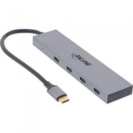 InLine USB 3.2 Gen.2 Hub, USB Typ-C zu 4 Port Typ-C (1 Port power through bis 100W), OTG, Aluminiumgehuse, grau, ohne Netzteil