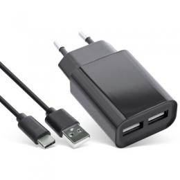 InLine USB DUO+ Ladeset, Netzteil 2-fach + USB Typ-C Kabel, Ladegert, Stromadapter, 100-240V zu 5V/2.1A, schwarz