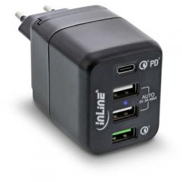 InLine USB Netzteil, 4-port Ladegert, USB-C PD+QC4 / QC3, 45W, schwarz