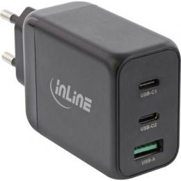 InLine USB PD Netzteil, GaN Ladegerät, 3-Port Dual USB-C + USB-A, 65W, schwarz