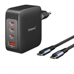 Intenso Power Adapter W140A3C GaN + C520C Kabel Beeindruckende Leistung von 140 W, 1x USB-A und 3x USB-C Ports, incl. USB-C zu C Kabel C520C