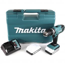 Makita HP 457 DWE 18 V Akku Schlagbohrschrauber + 2 x 1,3 Ah Akku + Ladegerät + 74 tlg. Zubehör Set im Werkzeugkoffer