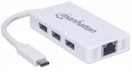 MANHATTAN USB-C auf 3-Port Hub mit Gigabit-Ethernet-Netzwerkadapter