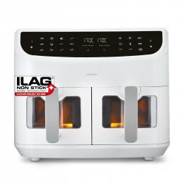 MEDION LIFE® P20 XXL Twin Doppelzonen-Heißluftfritteuse MD 11760 weiß, 100 Rezepte in der Life+ App, 2 separate Garzonen, 10 Automatikprogramme, 8,7 L Gesamt-Nutzinhalt, 2.600 Watt, Temperatur einstellbar bis 200 °C