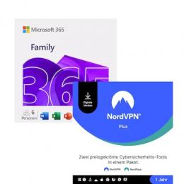 Microsoft 365 Family [6 User] + NordVPN Plus [10 Geräte] - mit Word, Excel, PowerPoint, OneNote, Outlook, Access und VPN + Passwortmanager