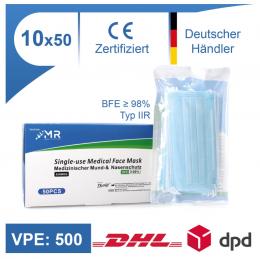 MR Solutions Medizinischer Mund Nasenschutz 500 Stk. Filtration BFE 98 % EN 14683:2019+AC:2019 Typ IIR 3 lagige OP Maske
