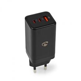 Nedis Netzladegerät 65 W GaN Schnellladefunktion 3.0 3 A A - Anzahl der Ausgänge: 3, USB-A, 2x USB-C™, Automatische Spannungswahl