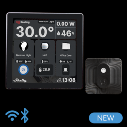 Shelly Wall Display Black + BLU H&T Black Ein smartes Bedienfeld mit integriertem 5-A-Schalter und Farbdisplay + Blu H&T
