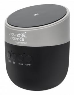 Sound Science Bluetooth-Lautsprecher mit Induktionsladepad MANHATTAN Kabelloses Ladepad auf der Oberseite mit Leistung bis zu 5 W (5 V/1 A), Bluetooth 5.0, integrierte Bedienelemente, MicroSD-Kartens
