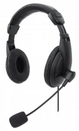 Stereo USB-Headset MANHATTAN Leichtes, ohrumschlieendes Design (Over-Ear), kabelgebunden, USB-A-Stecker, integrierte Bedienelemente, verstellbares Mikrofon, schwarz