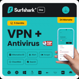 Surfshark ONE VPN + Antivirus | 2 Jahre | 5 Geräte - beliebig viele Geräte für VPN, 5 Geräte für Antivirus