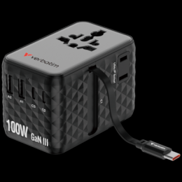 Verbatim Charge 'n' Travel 100W GaN III Universal Travel Adapter with Retractable USB-C Cable, 2 x USB-C, 2 x USB-A ports Schwarz