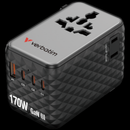 Verbatim Charge 'n' Travel 170W GaN III Universal Travel Adapter with 3 x USB-C, 1 x USB-A Ports