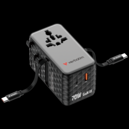 Verbatim Charge 'n' Travel 70W GaN III Universal Travel Adapter with 2 Retractable USB-C Cables, 1 x USB-C, 1 x USB-A ports Schwarz