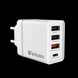 VERBATIM CHR-30EU2 30 W USB Netzladegerät mit 4 Anschlüssen 1 x USB-C® PD 20 W / 1 x USB-A QC 3.0 / 2 x USB-A 10W, weiß