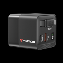 VERBATIM GaN Netzladegärt 65W 2 Anschlüsse US/EU/UK ADP - integriertes einziehbares USB-C Kabel
